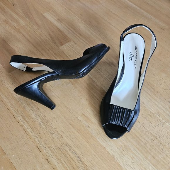 Anne Klein iFlex Askari Kitten Heel Sling Back Open Toe Heels Black - sz 6M- EUC - Picture 1 of 9